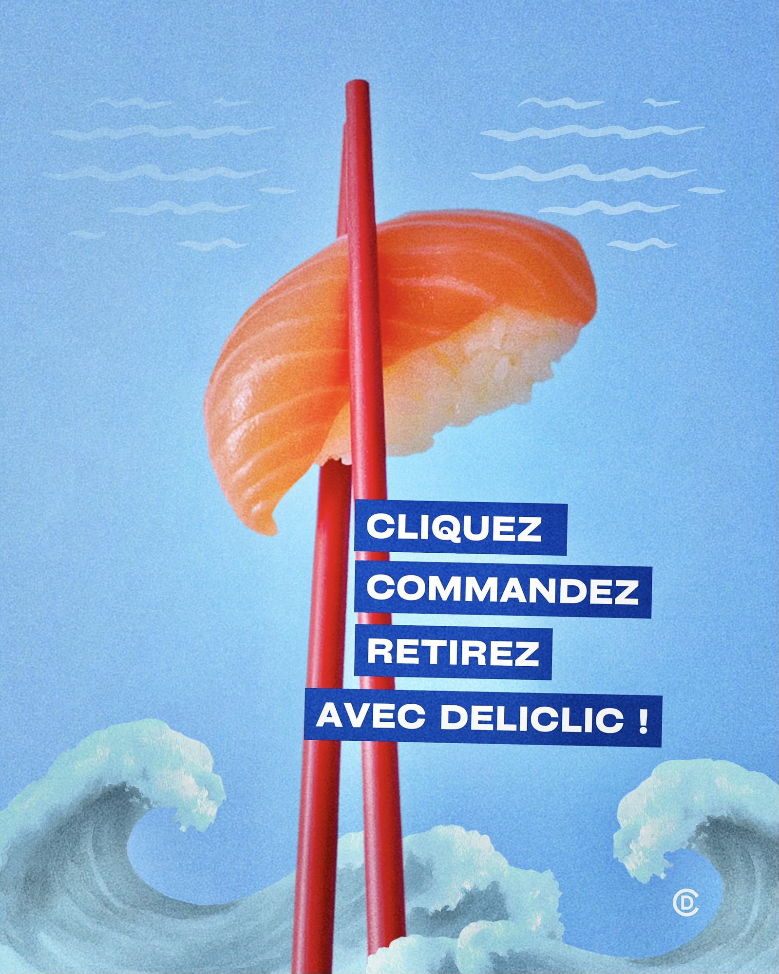 Affiche Déliclic, sushi saumon entre baguettes rouges et vagues
