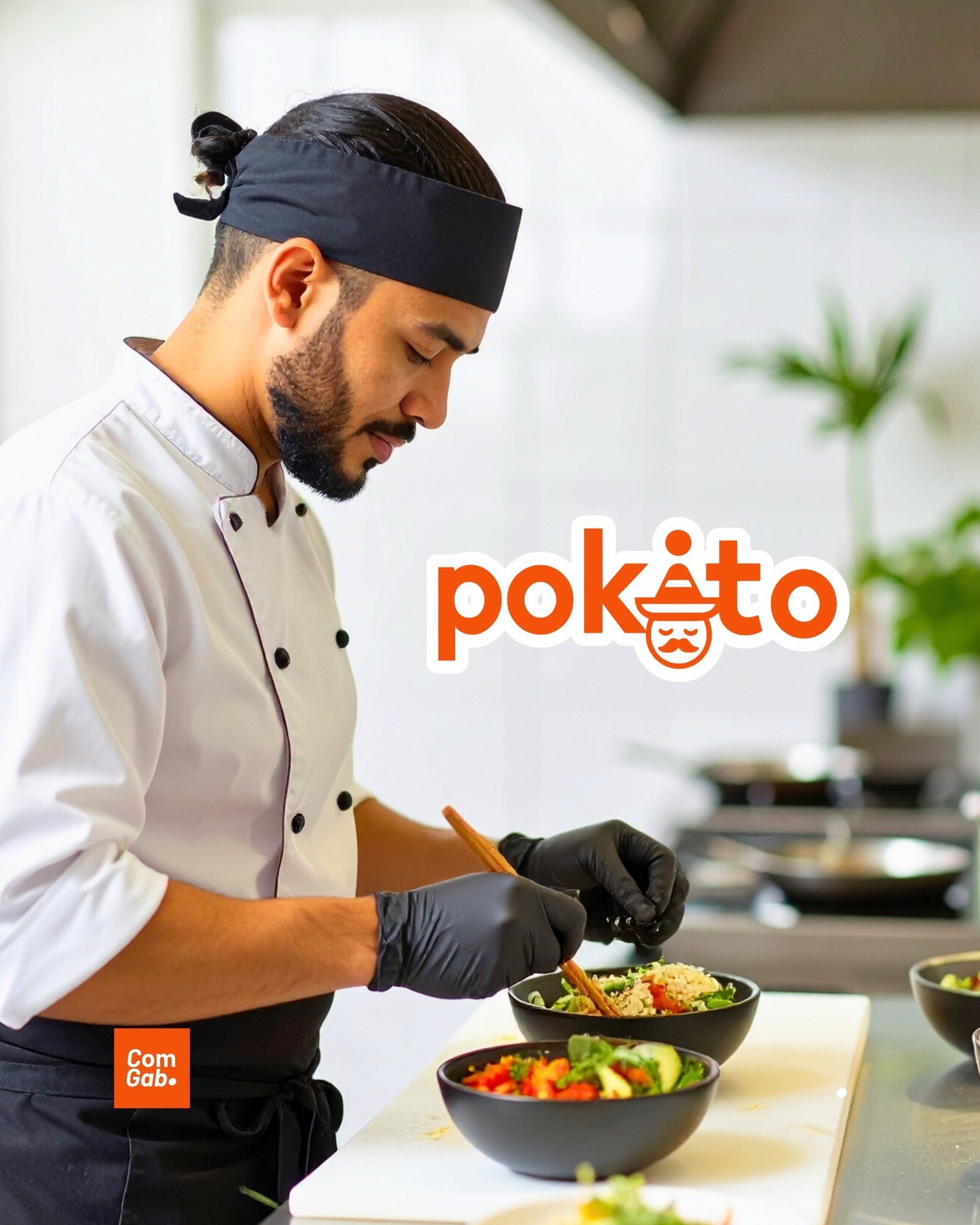 Chef préparant un poke bowl, logo Pokito